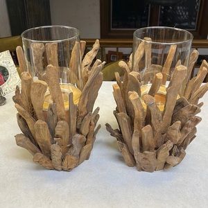 Driftwood Candle Holders with Glass Insets. Pair